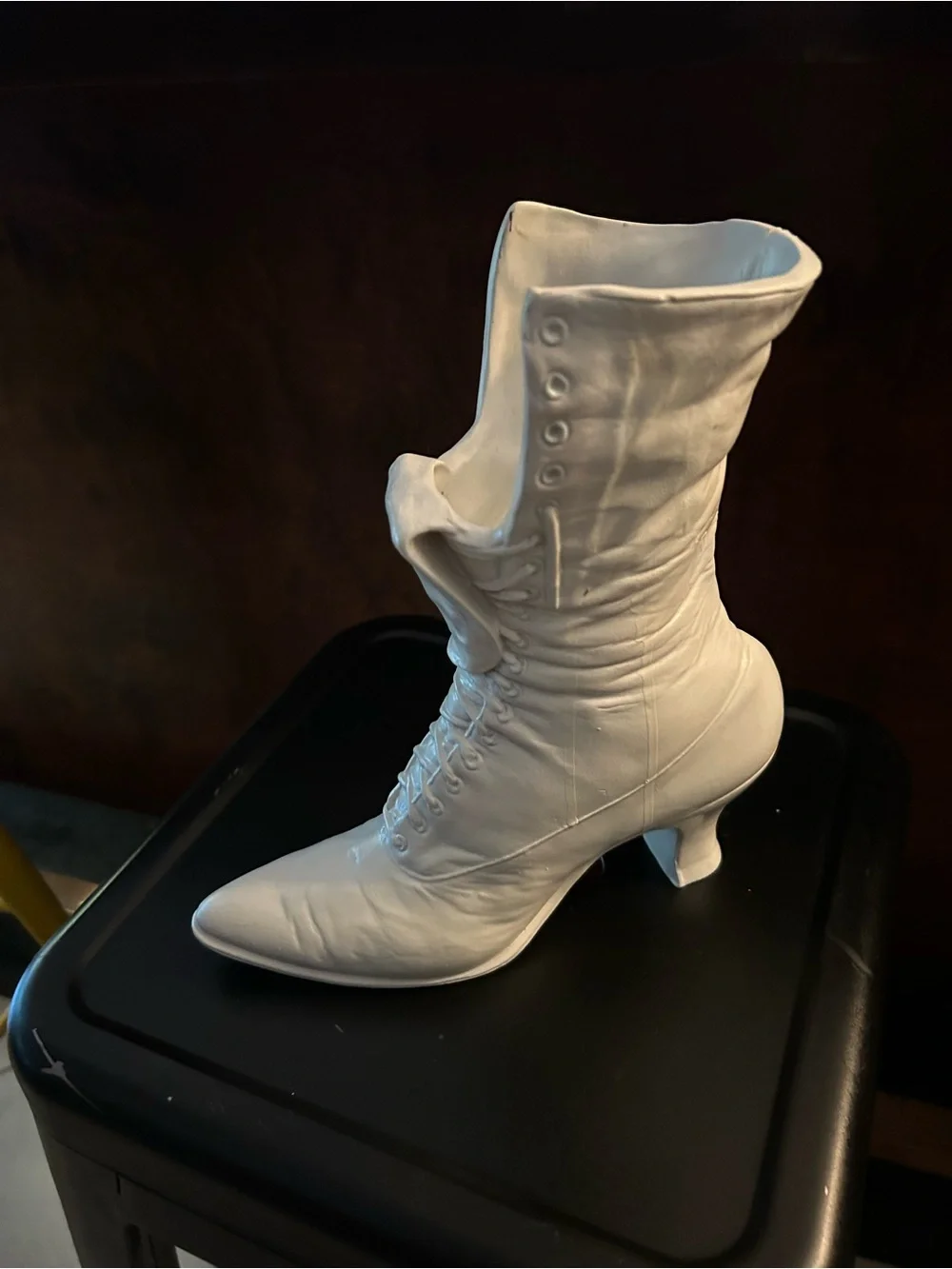 Vintage White Lace-Up Victorian-Style Women's Boot Vase Cast Metal